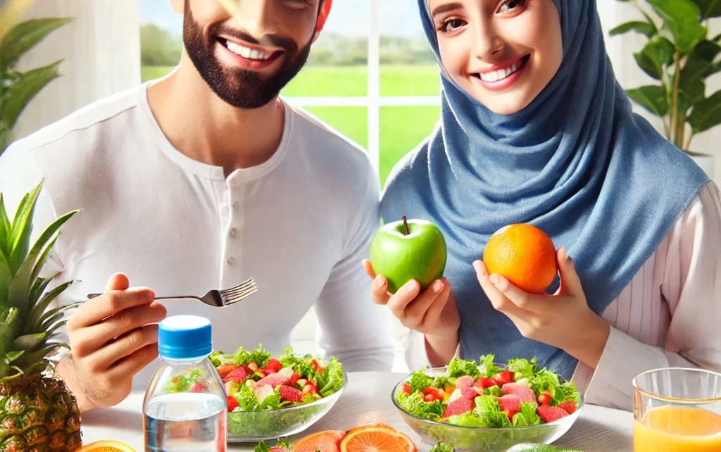 A-vibrant-and-healthy-scene-of-a-Muslim-man-and-woman-enjoying-a-nutritious-meal-before-fasting-sahur-with-fresh-fruits-dates-and-water-on-the-tab